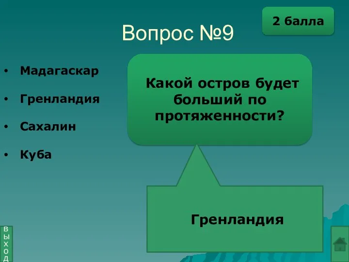 Вопрос №9 Какой остров будет больший по протяженности? Гренландия выход Мадагаскар Гренландия Сахалин Куба 2 балла