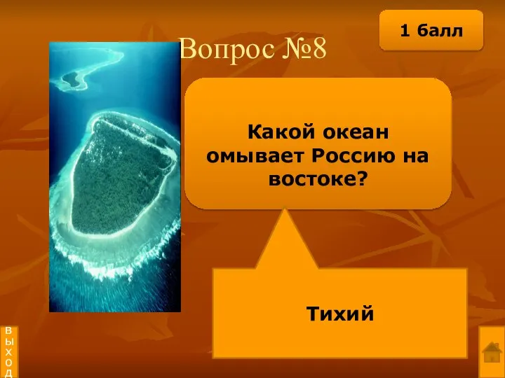 Вопрос №8 Какой океан омывает Россию на востоке? Тихий выход 1 балл