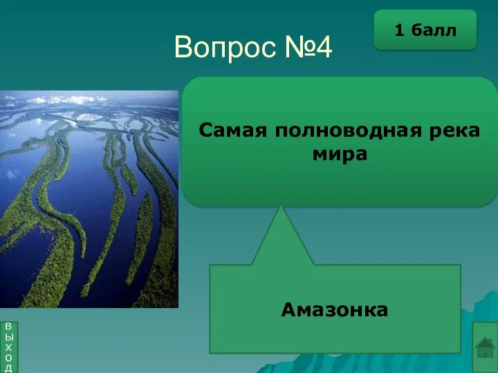 Вопрос №4 Самая полноводная река мира Амазонка выход 1 балл