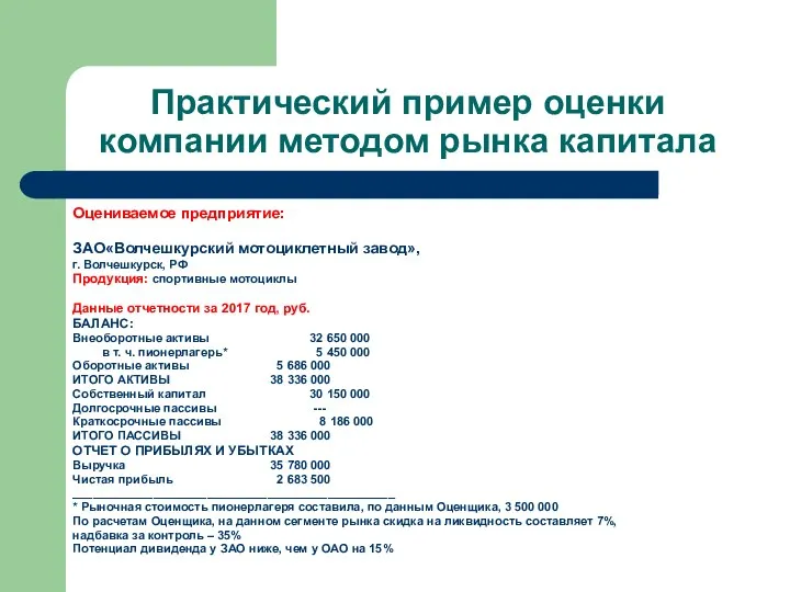 Практический пример оценки компании методом рынка капитала Оцениваемое предприятие: ЗАО«Волчешкурский мотоциклетный завод»,