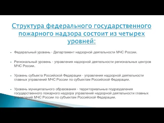 Федеральный уровень - Департамент надзорной деятельности МЧС России. Региональный уровень - управления