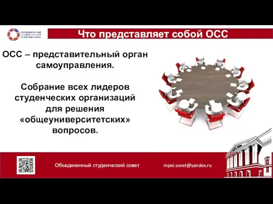 Объединенный студенческий совет mpei.sovet@yandex.ru Что представляет собой ОСС ОСС – представительный орган
