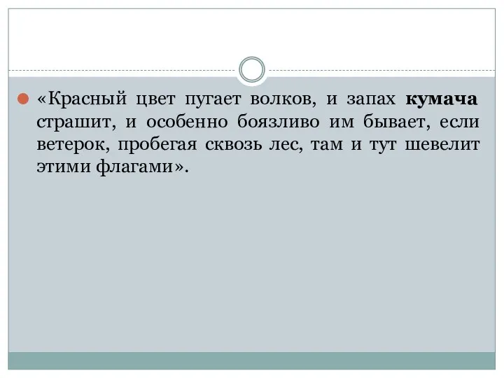 «Красный цвет пугает волков, и запах кумача страшит, и особенно боязливо им