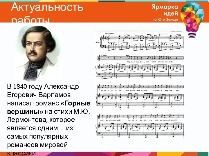 Актуальность работы В 1840 году Александр Егорович Варламов написал романс «Горные вершины»