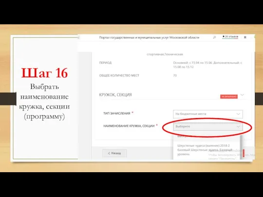 Шаг 16 Выбрать наименование кружка, секции (программу)