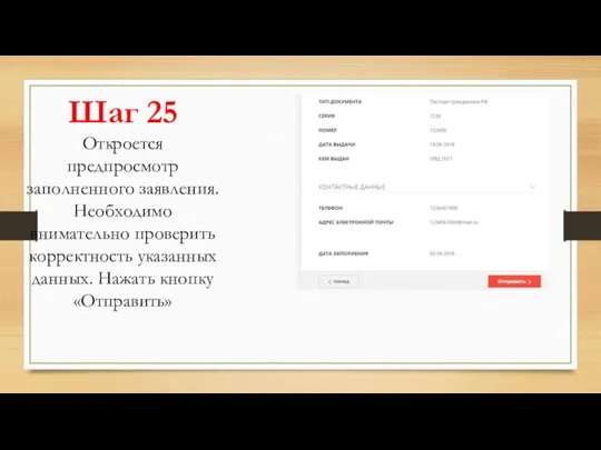 Шаг 25 Откроется предпросмотр заполненного заявления. Необходимо внимательно проверить корректность указанных данных. Нажать кнопку «Отправить»