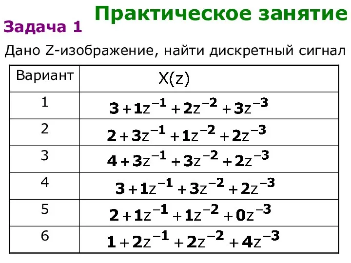 Практическое занятие Задача 1 Дано Z-изображение, найти дискретный сигнал