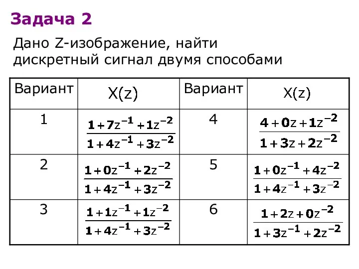 Задача 2 Дано Z-изображение, найти дискретный сигнал двумя способами