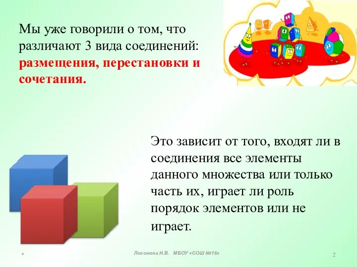 Мы уже говорили о том, что различают 3 вида соединений: размещения, перестановки