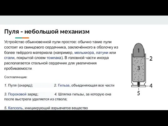 Пуля - небольшой механизм Устройство обыкновенной пули простое: обычно такие пули состоят