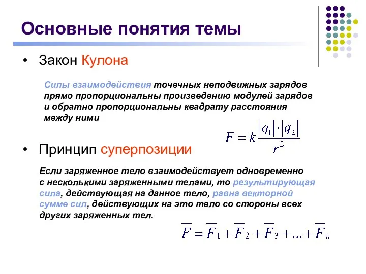 Закон Кулона Силы взаимодействия точечных неподвижных зарядов прямо пропорциональны произведению модулей зарядов