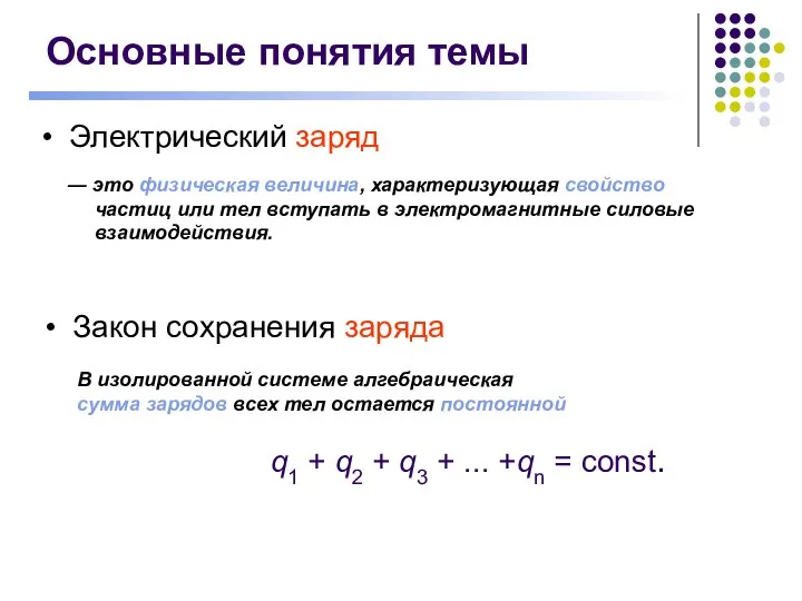 Основные понятия темы Электрический заряд Закон сохранения заряда ― это физическая величина,