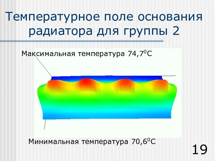 Температурное поле основания радиатора для группы 2 Минимальная температура 70,60С Максимальная температура 74,70С