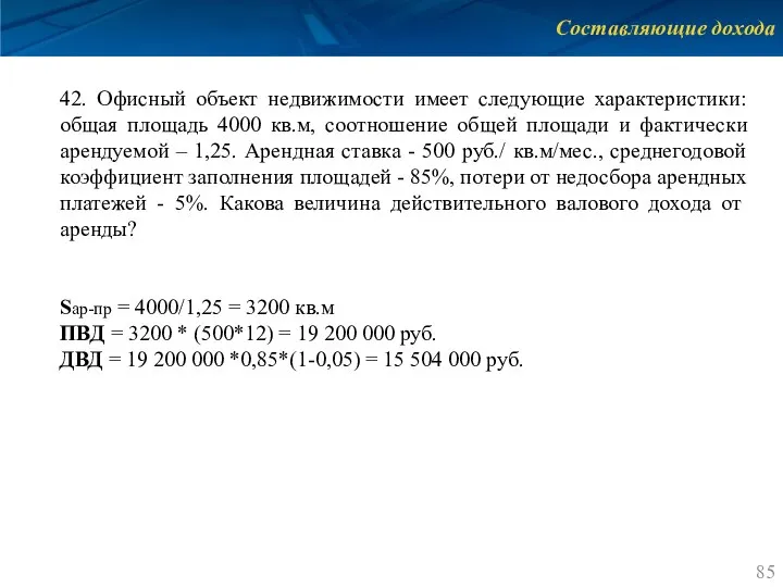 Составляющие дохода 42. Офисный объект недвижимости имеет следующие характеристики: общая площадь 4000