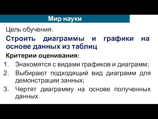 Цель обучения: Строить диаграммы и графики на основе данных из таблиц Критерии