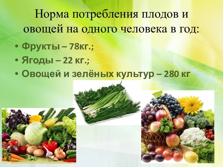 Норма потребления плодов и овощей на одного человека в год: Фрукты –