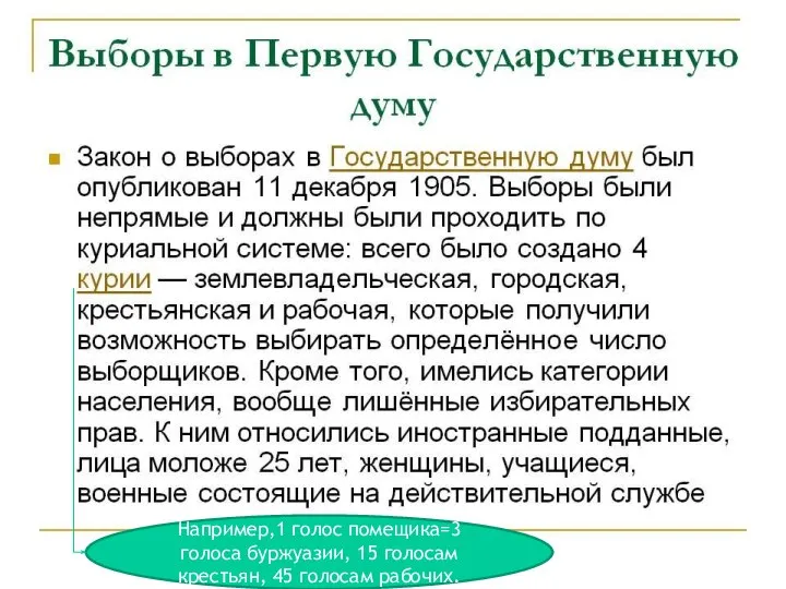 Например,1 голос помещика=3 голоса буржуазии, 15 голосам крестьян, 45 голосам рабочих.