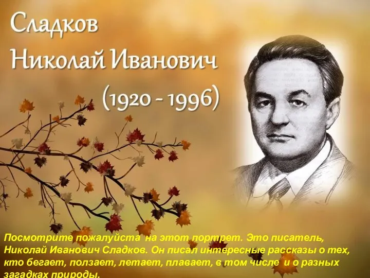 Посмотрите пожалуйста на этот портрет. Это писатель, Николай Иванович Сладков. Он писал
