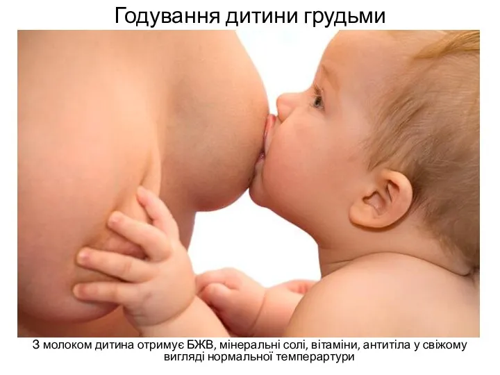 Годування дитини грудьми З молоком дитина отримує БЖВ, мінеральні солі, вітаміни, антитіла