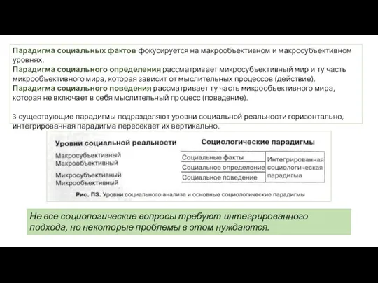 Парадигма социальных фактов фокусируется на макрообъективном и макросубъективном уровнях. Парадигма социального определения