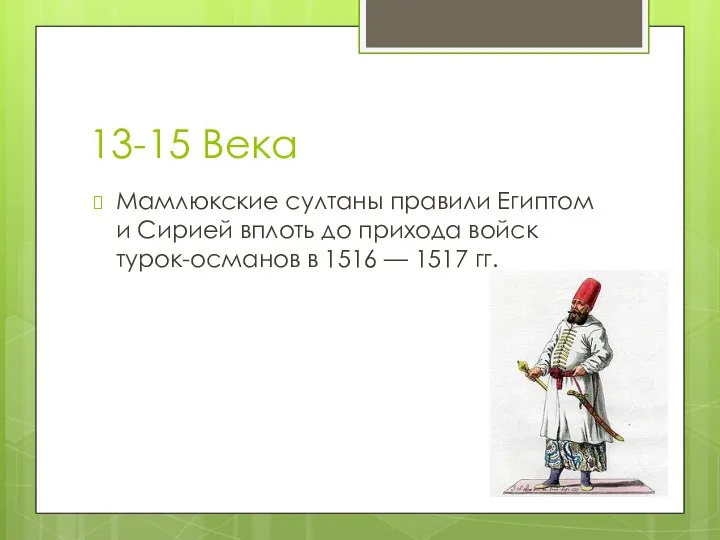 13-15 Века Мамлюкские султаны правили Египтом и Сирией вплоть до прихода войск