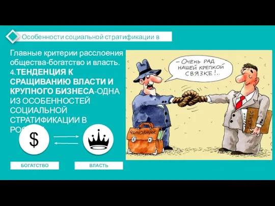 Особенности социальной стратификации в России БОГАТСТВО ВЛАСТЬ $ Главные критерии расслоения общества-богатство