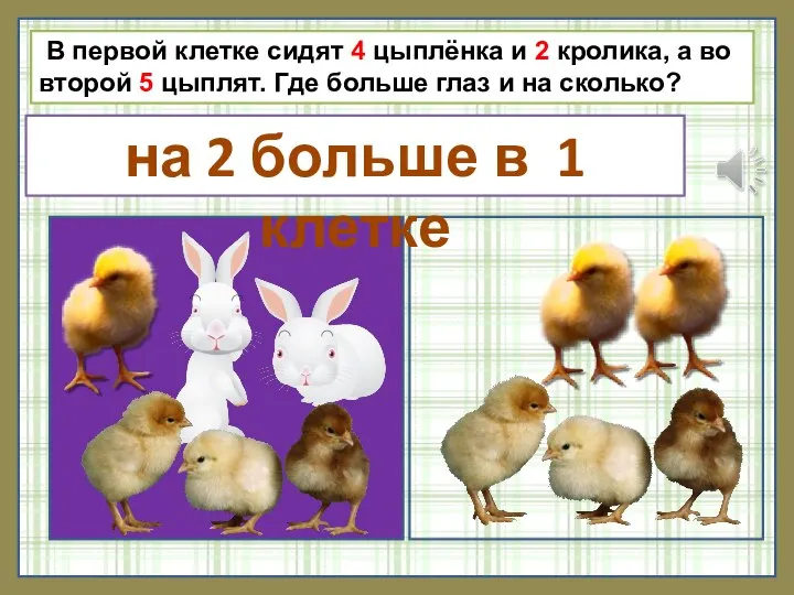 В первой клетке сидят 4 цыплёнка и 2 кролика, а во второй