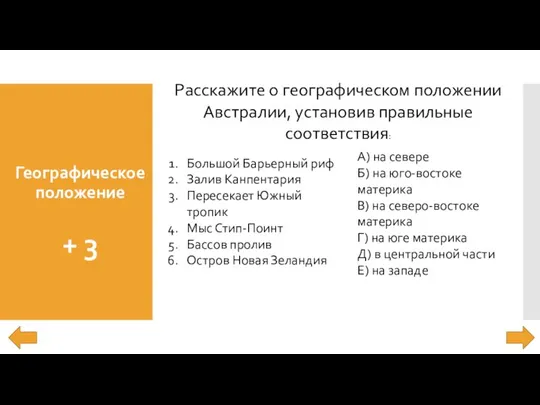 Географическое положение + 3 Расскажите о географическом положении Австралии, установив правильные соответствия: