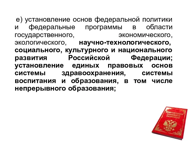 е) установление основ федеральной политики и федеральные программы в области государственного, экономического,