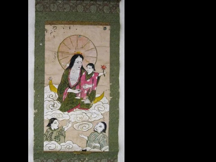 Дева Мария, держащая маленького Иисуса Христа, с двумя святыми, смотрящими на них. Икицуки, Музей Шимано-яката.