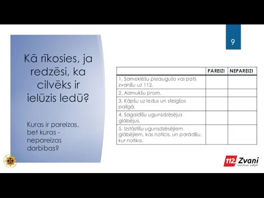 Kā rīkosies, ja redzēsi, ka cilvēks ir ielūzis ledū? Kuras ir pareizas,