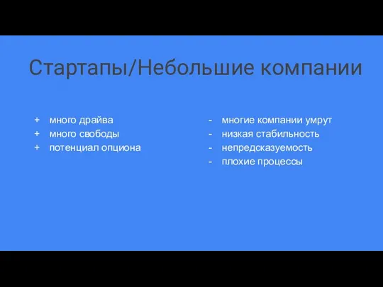 Стартапы/Небольшие компании много драйва много свободы потенциал опциона многие компании умрут низкая стабильность непредсказуемость плохие процессы