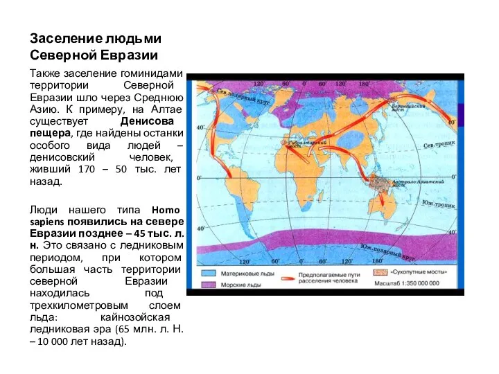 Заселение людьми Северной Евразии Также заселение гоминидами территории Северной Евразии шло через