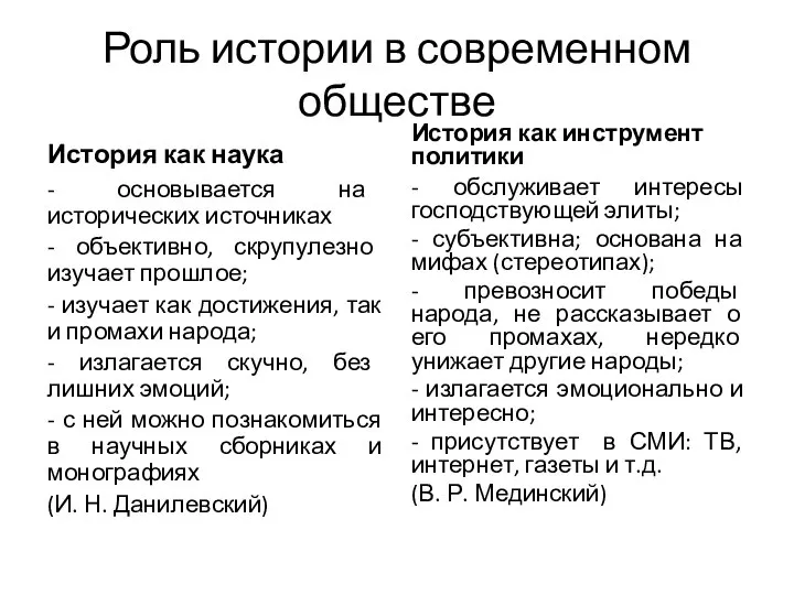 Роль истории в современном обществе История как наука - основывается на исторических