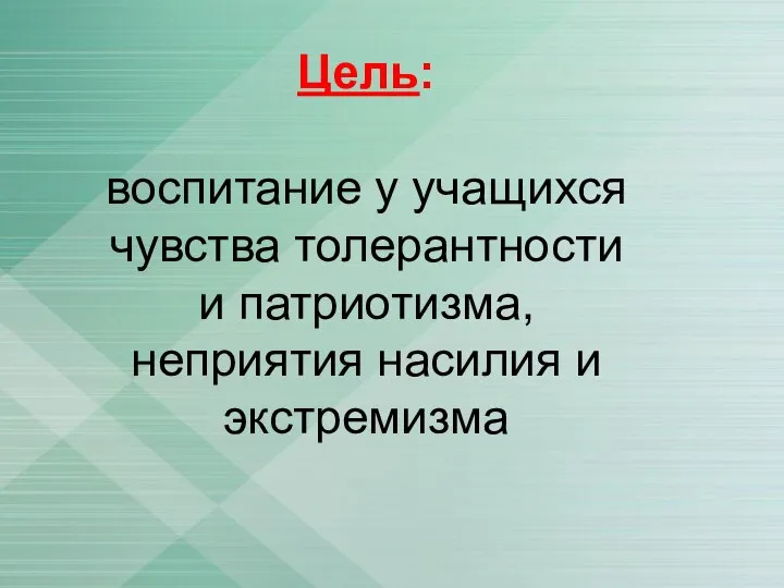 Цель: воспитание у учащихся чувства толерантности и патриотизма, неприятия насилия и экстремизма