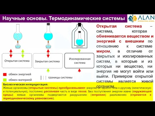 Научные основы. Термодинамические системы Биологическая интерпретация: Живые организмы (открытые системы) преобразовывают энергию