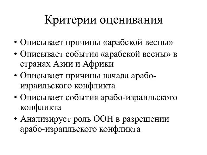 Критерии оценивания Описывает причины «арабской весны» Описывает события «арабской весны» в странах