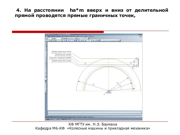 4. На расстоянии ha*m вверх и вниз от делительной прямой проводятся прямые