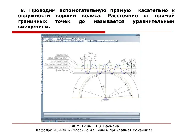 8. Проводим вспомогательную прямую касательно к окружности вершин колеса. Расстояние от прямой