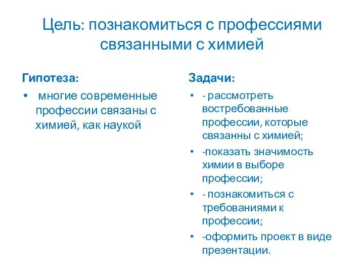 Гипотеза: многие современные профессии связаны с химией, как наукой Задачи: - рассмотреть