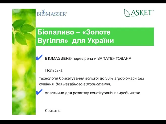 Біопаливо – «Золоте Вугілля» для України BIOMASSER® перевірена и ЗАПАТЕНТОВАНА Польська технологія