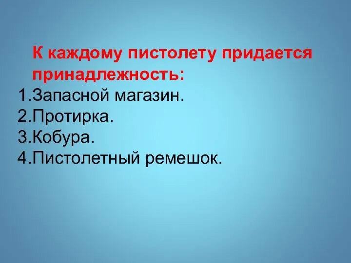 К каждому пистолету придается принадлежность: Запасной магазин. Протирка. Кобура. Пистолетный ремешок.