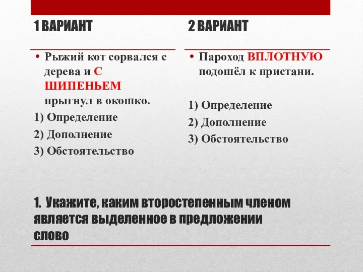 1. Укажите, каким второстепенным членом является выделенное в предложении слово 1 ВАРИАНТ