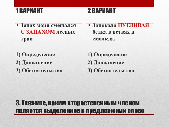 3. Укажите, каким второстепенным членом является выделенное в предложении слово 1 ВАРИАНТ