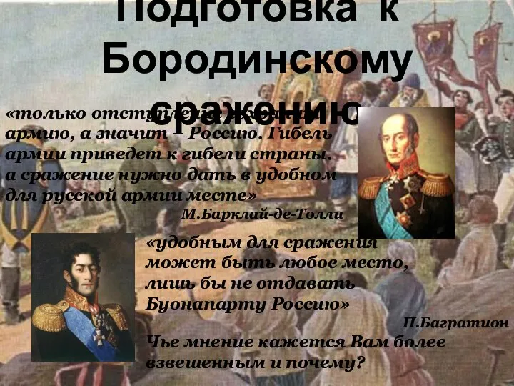 Подготовка к Бородинскому сражению «удобным для сражения может быть любое место, лишь