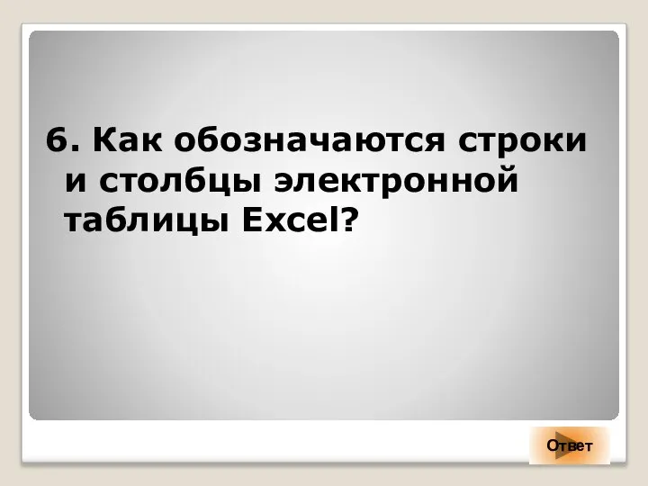 6. Как обозначаются строки и столбцы электронной таблицы Excel? Ответ