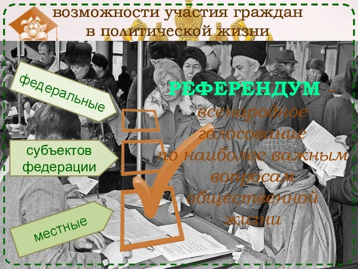 возможности участия граждан в политической жизни федеральные субъектов федерации местные РЕФЕРЕНДУМ –