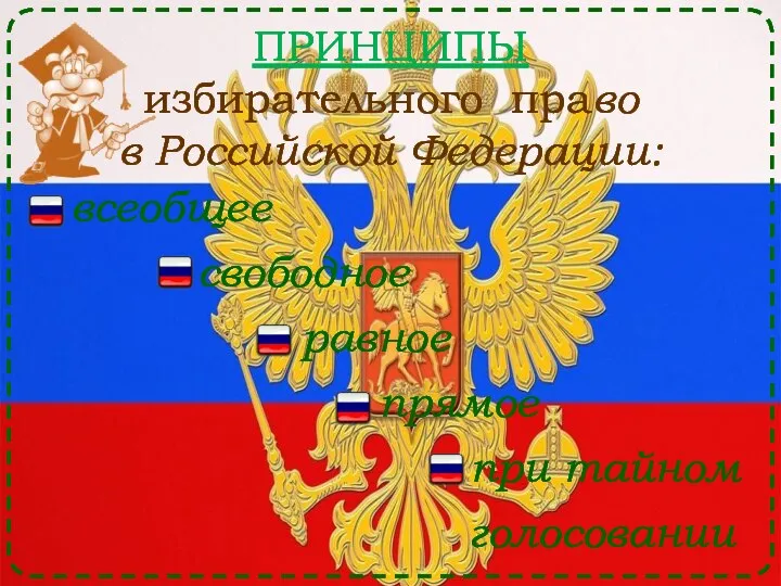 всеобщее свободное равное прямое при тайном голосовании ПРИНЦИПЫ избирательного право в Российской Федерации: