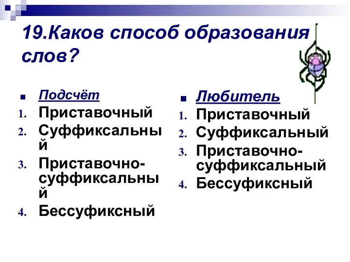 19.Каков способ образования слов? Подсчёт Приставочный Суффиксальный Приставочно-суффиксальный Бессуфиксный Любитель Приставочный Суффиксальный Приставочно-суффиксальный Бессуфиксный