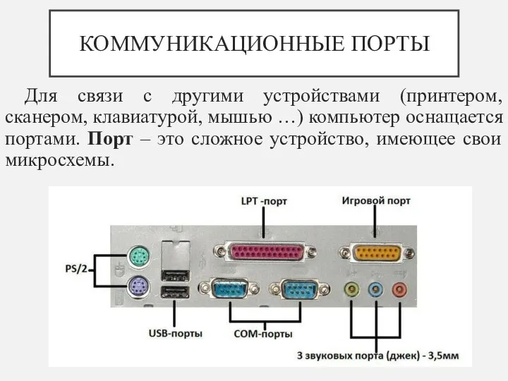КОММУНИКАЦИОННЫЕ ПОРТЫ Для связи с другими устройствами (принтером, сканером, клавиатурой, мышью …)